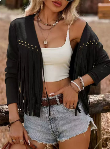 Chaqueta Cárdigan Corta para Mujer de Manga Larga sin Cierre