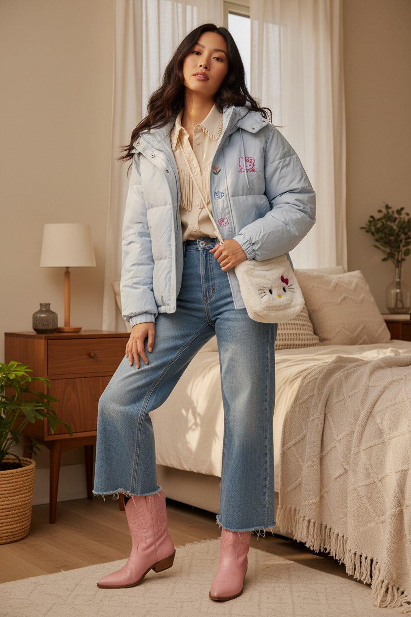 NIIZAKAI FASHION MARKET Chaqueta acolchada azul cielo con bordado de Hello Kitty y flores, con capucha y botones.